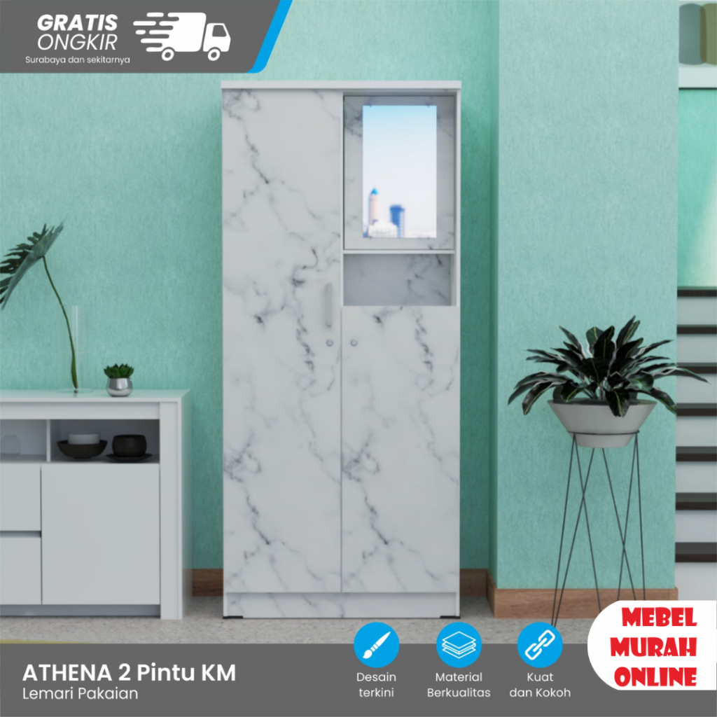 Almari 2 Pintu Marble terbaru Lemari dengan kaca dan rak kosmetik Athena