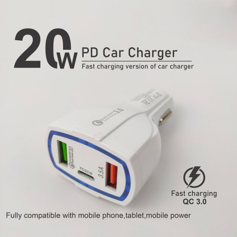 Car charger 20W 3 Ampere QC +PD 3.0 fast charging