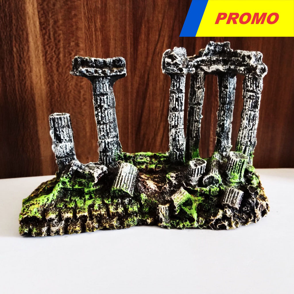 hiasan aquarium fiber gapura yunani, dekorasi aquarium gapura yunani, hiasan aquarium gedung tua run