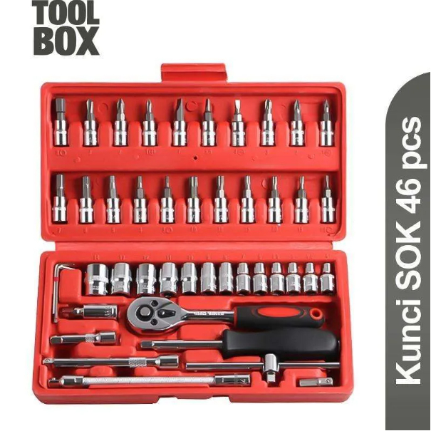 SHENAR Socket Wrench Pas Socket Set 1/4 Car Repair Tool 46 pcs Lengkap Socket Tool Kit Pas Ring L Motor Mobil