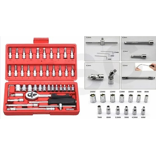 SHENAR Socket Wrench Pas Socket Set 1/4 Car Repair Tool 46 pcs Lengkap Socket Tool Kit Pas Ring L Motor Mobil