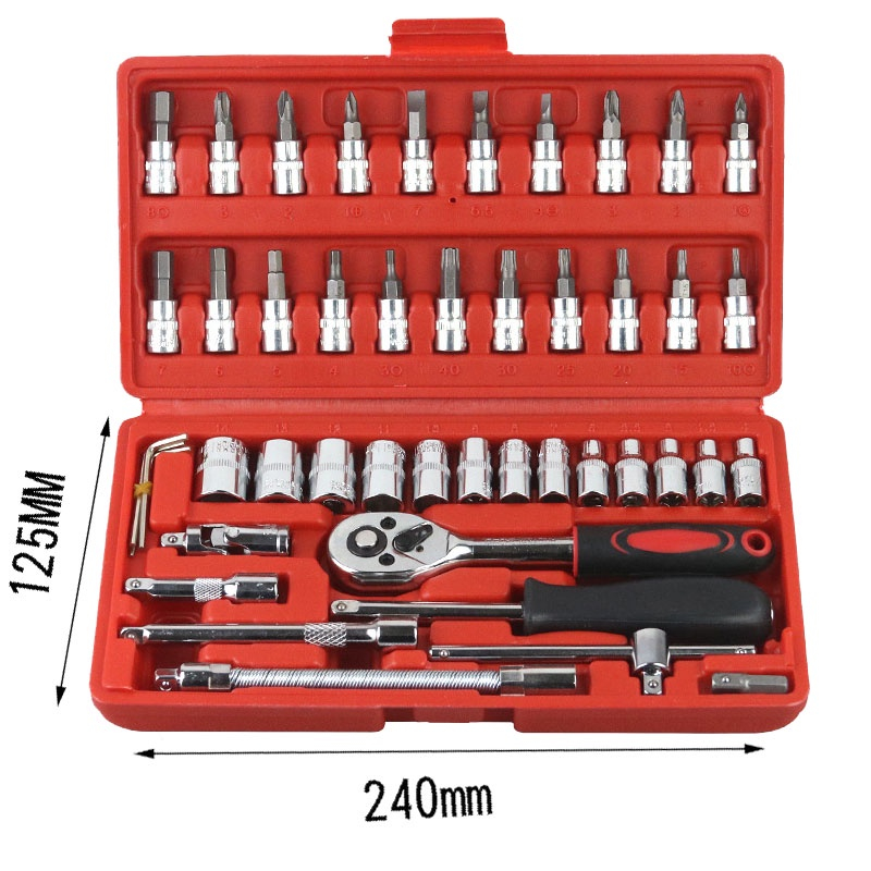 SHENAR Socket Wrench Pas Socket Set 1/4 Car Repair Tool 46 pcs Lengkap Socket Tool Kit Pas Ring L Motor Mobil