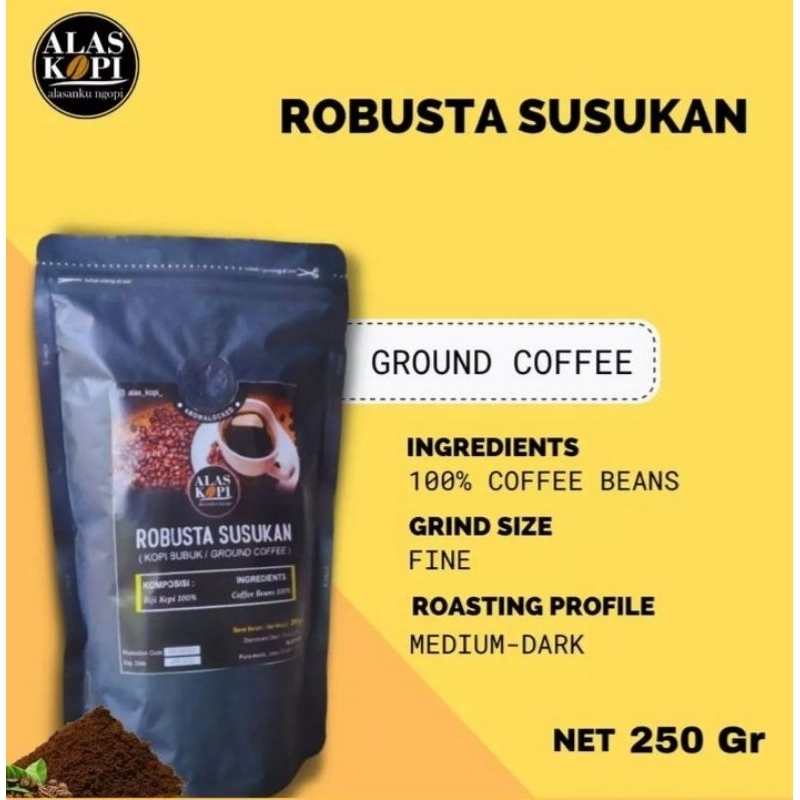 

Kopi Bubuk Robusta Asli Kualitas Premium Kemasan 250 Gram Alas Kopi