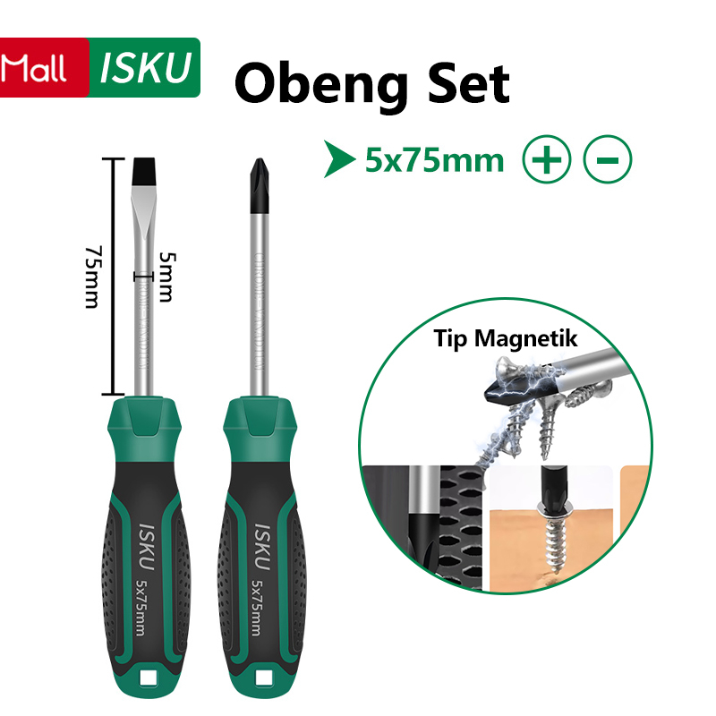 ISKU Obeng Set 2pcs 5 Inch Ukuran 5*75mm Screwdriver Set Tip Magnetik Bahan Chrome Vanadium Obeng Set