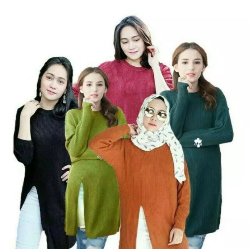 BASIC LONG SLIT SWEATER TUNIK PANJANG BAHAN RAJUT LENGAN PANJANG BAJU MUSIM DINGIN BAJU HANGAT IMPOR