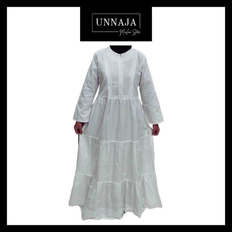 UMS - Gamis Katun Adem Putih Dewasa / Dress Perlengkapan Haji Umroh Busui Friendly / Abaya Bordir Po