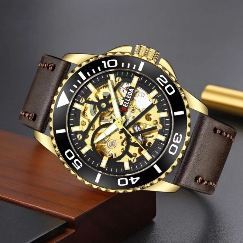 JAM TANGAN PRIA BELLEDA 9485 AUTOMATIC KULIT ORIGINAL COD