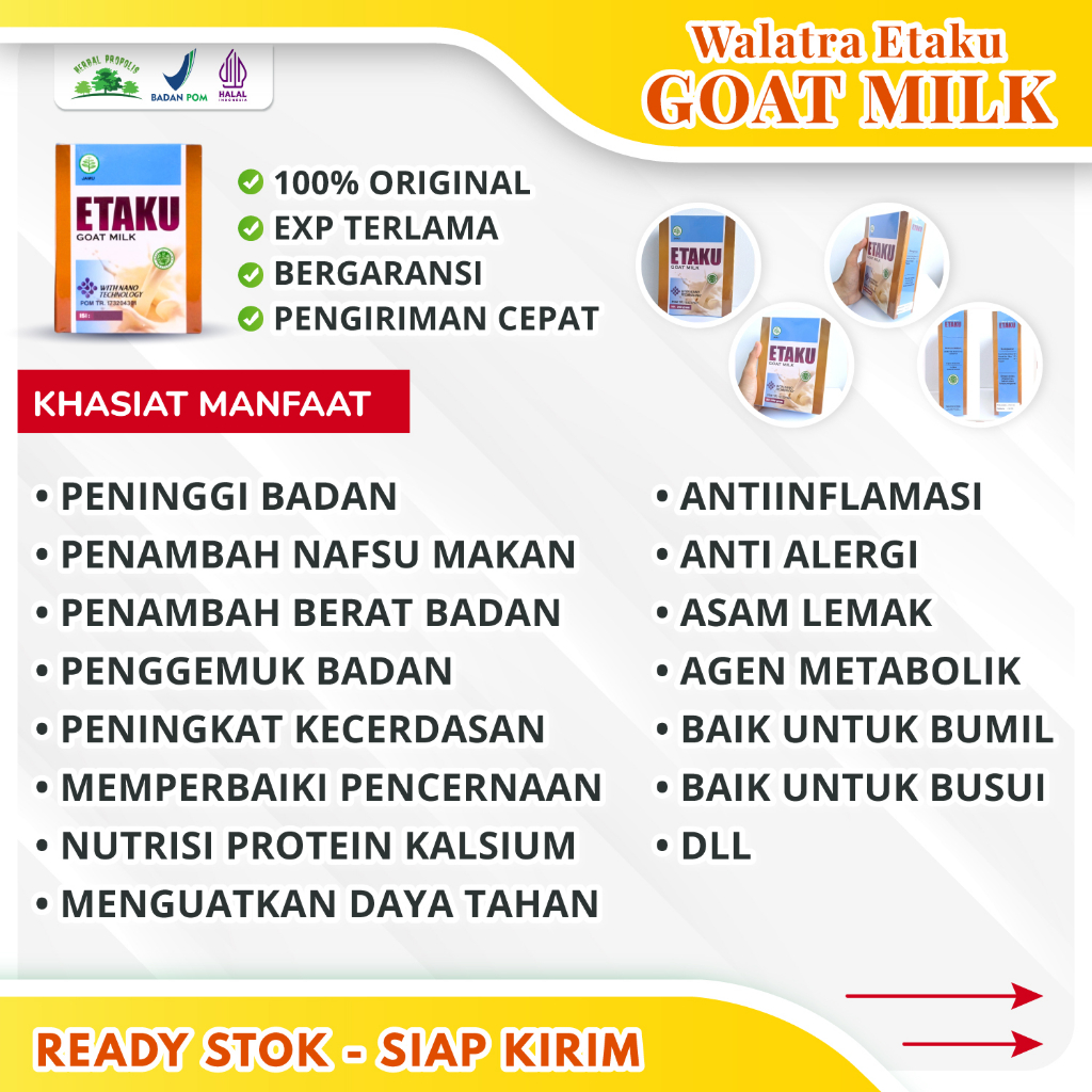 

ETAKU Susu Kambing Penggemuk Badan Anak, Remaja, Dan Dewasa (Sudah BPOM) Susu Penambah Berat Badan Gemuk Sehat Suplemen Tinggi Protein Kalsium Pelancar Saluran Pencernaan Dan Metabolisme Isi 10 Sachet 25gram/Sachet