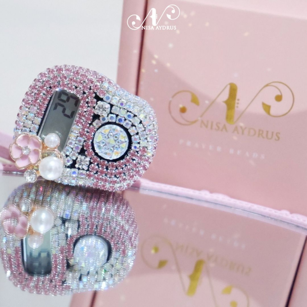 Nisa Aydrus With Box Exclusive - ALARM Mix New Silver Pink Tasbih Digital Cantik Swarovski Premium Custom Nama