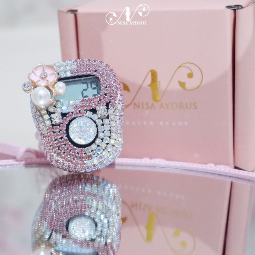 Nisa Aydrus With Box Exclusive - ALARM Mix New Silver Pink Tasbih Digital Cantik Swarovski Premium Custom Nama