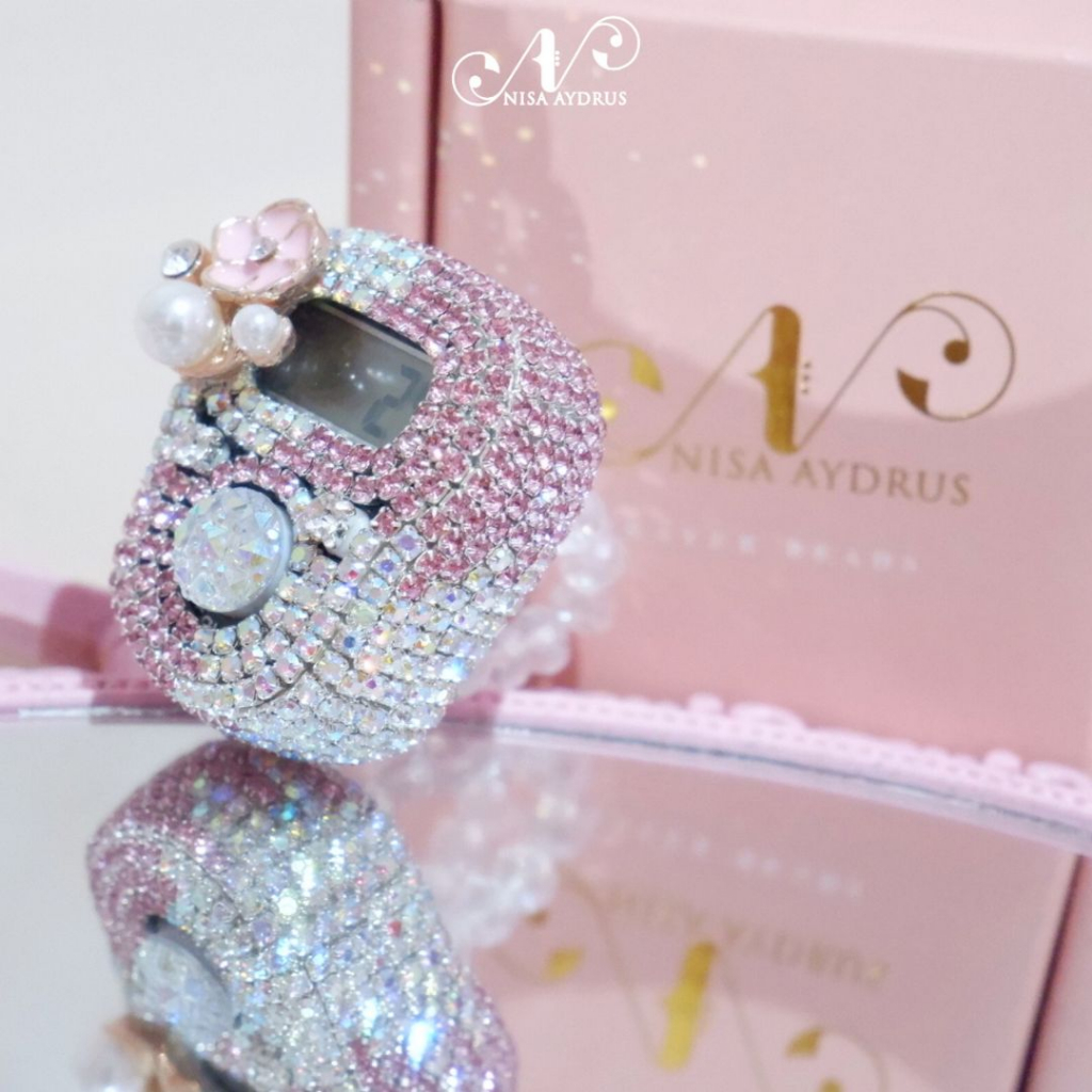 Nisa Aydrus With Box Exclusive - ALARM Mix New Silver Pink Tasbih Digital Cantik Swarovski Premium Custom Nama