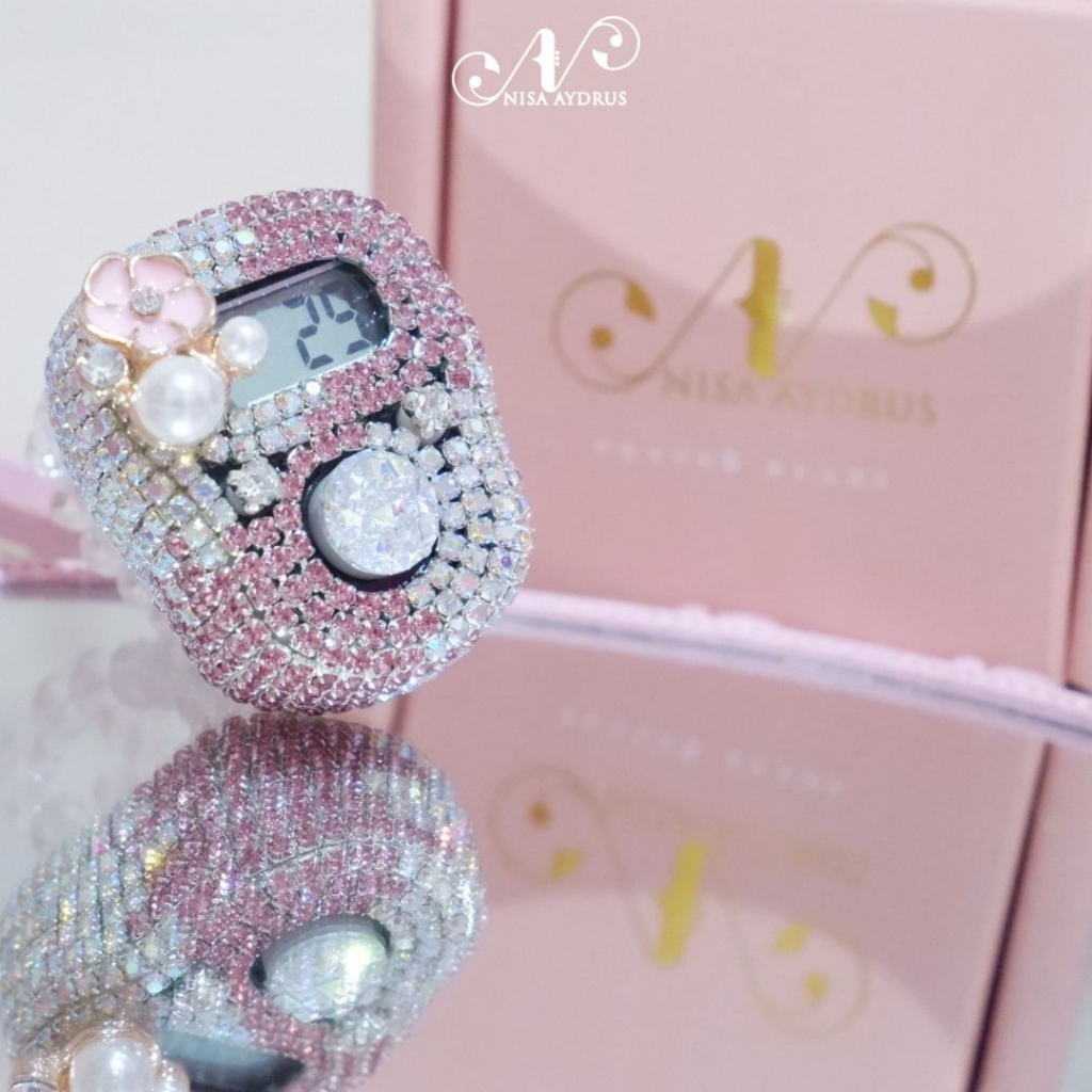 Nisa Aydrus With Box Exclusive - ALARM Mix New Silver Pink Tasbih Digital Cantik Swarovski Premium Custom Nama