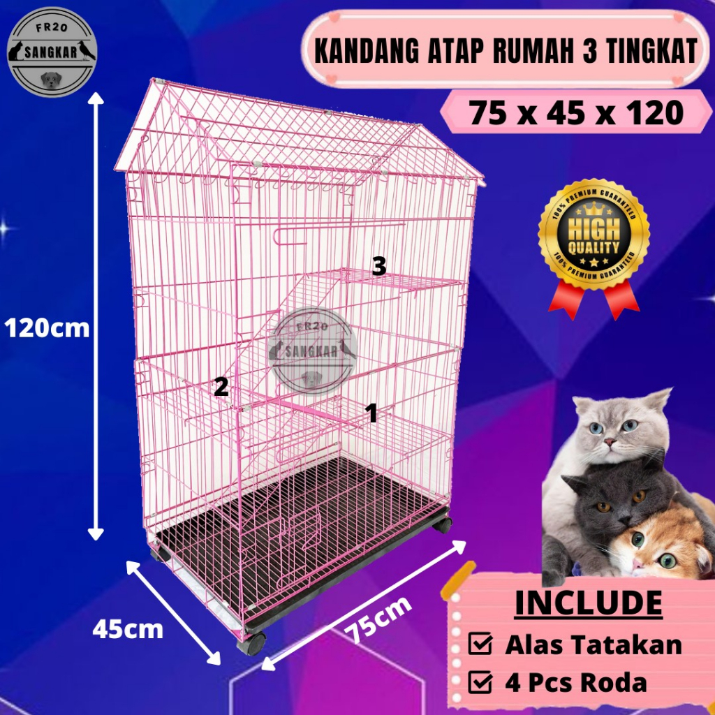 KANDANG HEWAN KUCING ANJING KELINCI 3 TINGKAT + RODA UKURAN BESAR DAN TEBAL 75X45X120