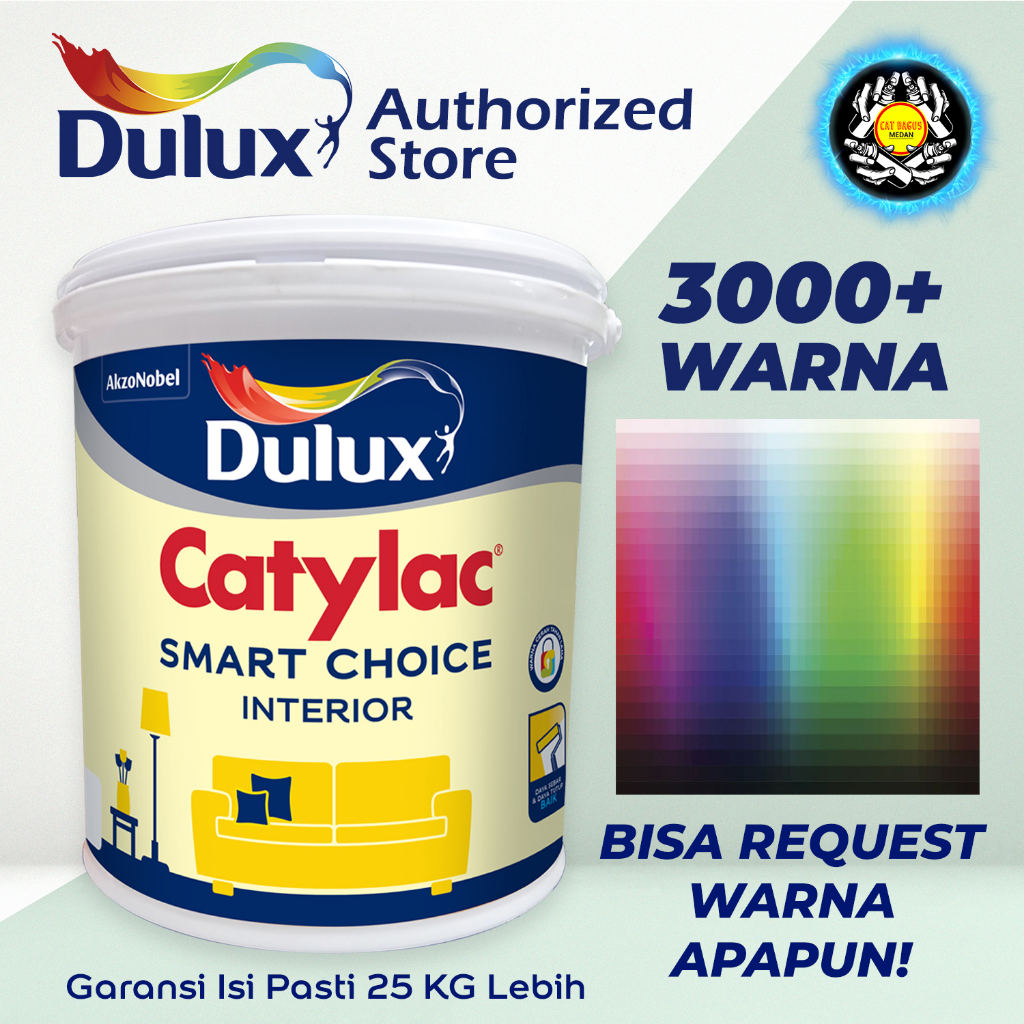 (UNTUK LUAR SUMUT) CAT DINDING DULUX 25 KG TINTING KOMPUTER CAT AIR CAT TEMBOK DULUX CATYLAC SMART CHOICE 25KG INTERIOR EXTERIOR EKSTERIOR OPLOS PUTIH CREAM KREM PEACH KUNING HIJAU TOSCA BIRU ABU ABU COKLAT COKELAT PINK VIOLET UNGU JOTUN DI MEDAN BINJAI