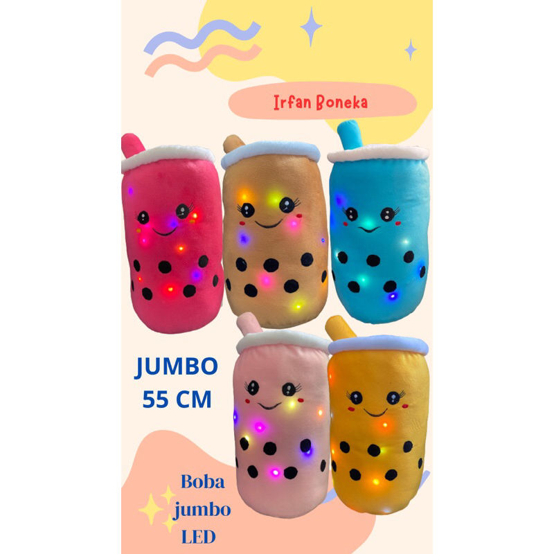 Boneka boba jumbo LED 55 cm Bubble Milk Tea Pearl Brown Sugar 14 '' Nanas Strawberry Anggur Cokelat 