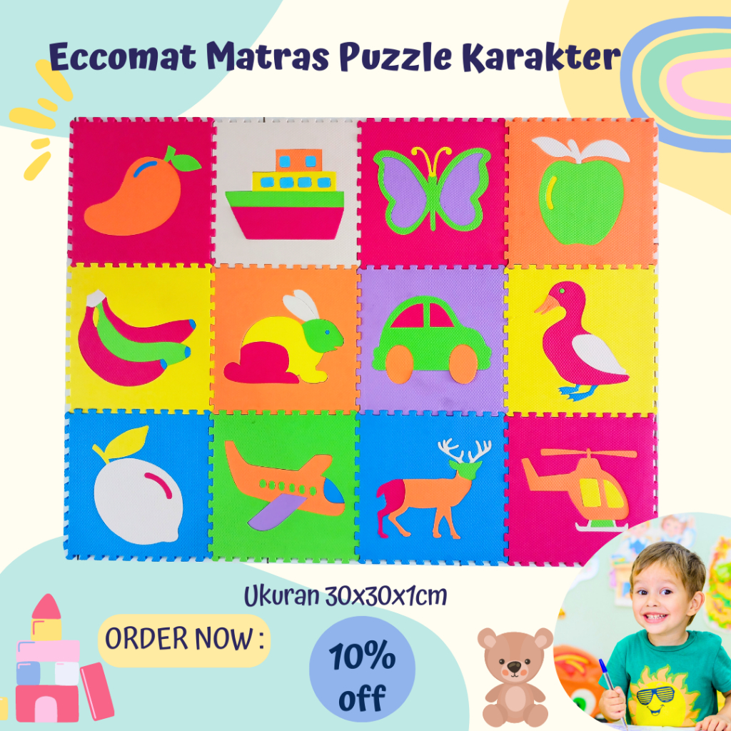 Matras Puzzle Karakter Hewan Transportasi Buah 30x30x1cm / Karpet Puzzle / Alas Bermain Bayi