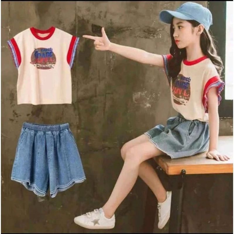 SETELAN JEANS KAOS ANAK PEREMPUAN IMPORT, SET HOTPHANTS ANAK PEREMPUAN