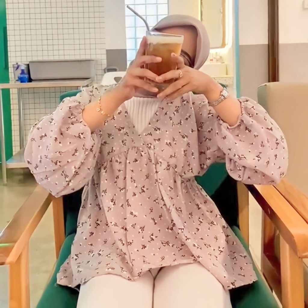 SESA BLOUSE / BLOUSE KOREA STYLE / ATASAN WANITA MODEL KOREA / FLORAL BLOUSE JUMBO / BLOUSE V
