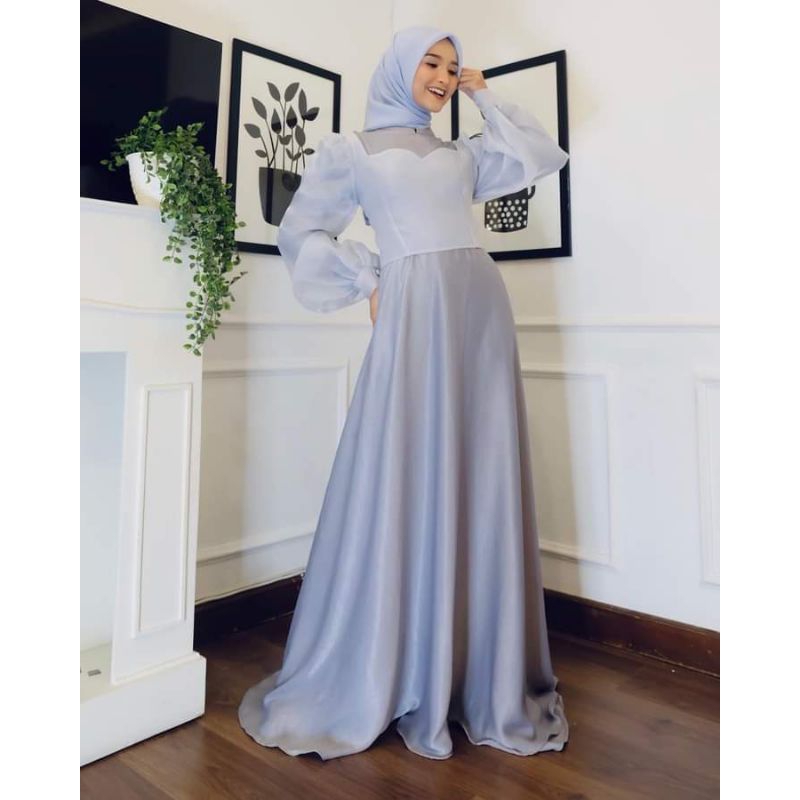 Gamis Satin Lengan Balon + Belt Polos Model Kemben