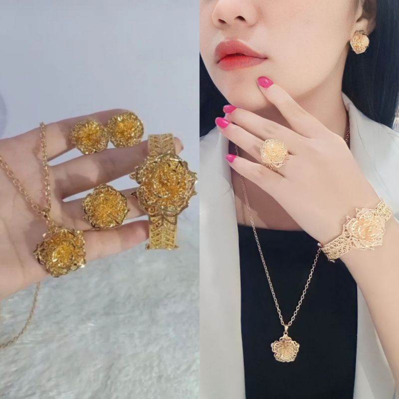 Xuping88 Set Bunga Kendari Lapis emas  kalung,gelang,anting, cincin Luxury Wanita Titanium kendari  