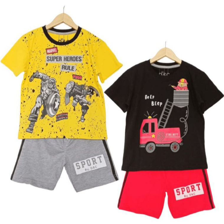 Setelan Anak Laki / Baju Anak / Baju Murah 2-10 Thn Superheroes kuning / Mobil Beep Hitam katun