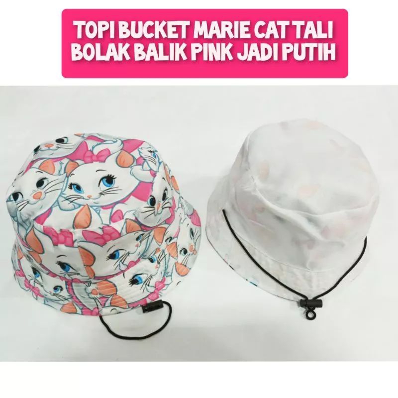 Topi bucket hat anak karakter Hello Kitty Marie Cat bisa bolak balik reversible pink putih