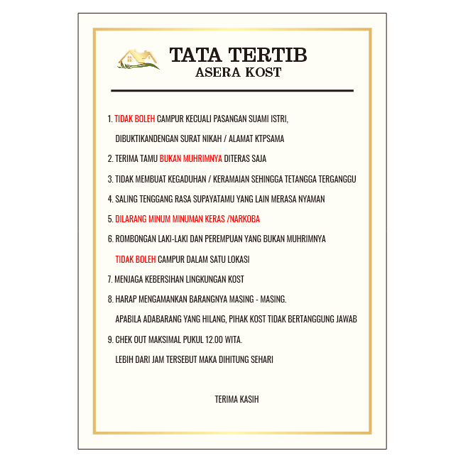 Papan Peraturan Homstay/kost/hotel/bahan akrilik