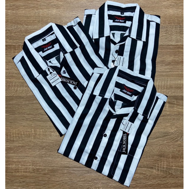 KEMEJA GARIS HITAM PUTIH PRIA LENGAN PENDEK KEMEJA STRIP PRIA KERAH PIYAMA