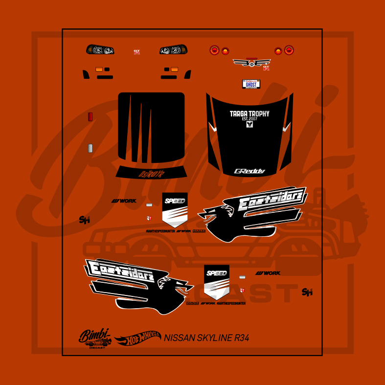 Decal Hotwheels Nissan Skyline R34 Eastsiderz Targa Trophy White Toner