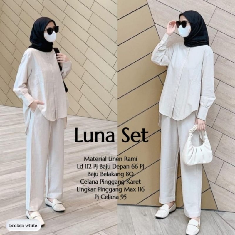 Setelan Wanita Muslim Linen Rami Luna Set – Baju Atasan & Celana Hijab Casual Modis