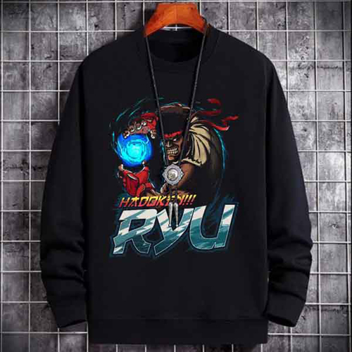 SWEATER CREWNECK Street Fighter Ryu SWEATSHIRT UNISEX BLACK PREMIUM COTTON FLEECE