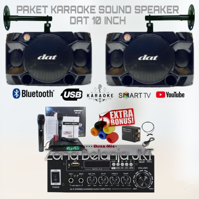 PAKET KARAOKE SOUND SYSTEM RUMAH SPEAKER DAT 10 INCH AMPLIFIER USB BLUETOOTH MIC WIRELESS MURAH BERK