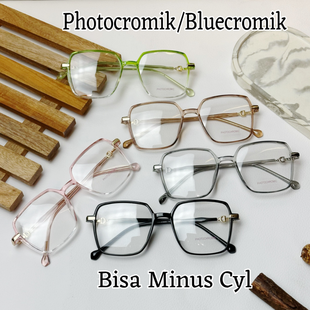 Kacamata Wanita Frame Kotak Lentur Lensa Photocromik Bluecromik Optik Minus 0366