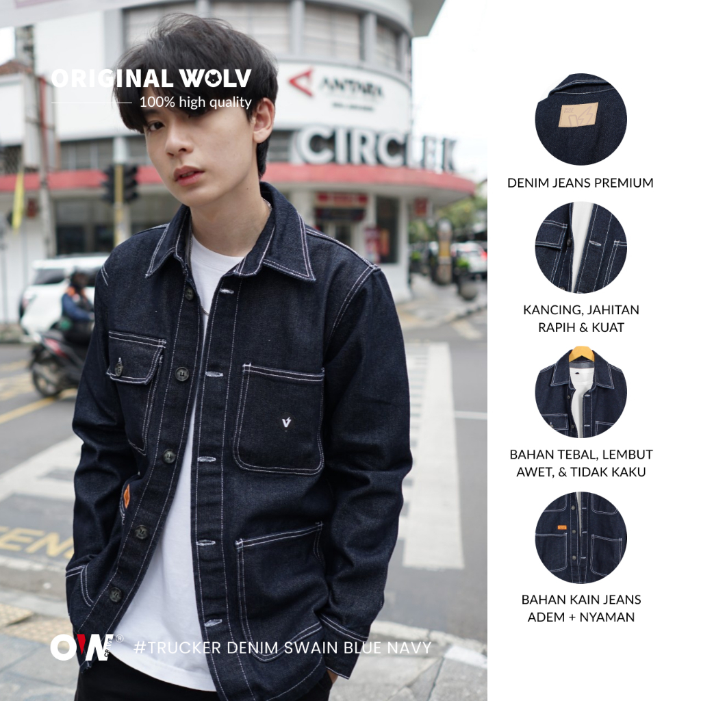 WOLV - Jaket Jeans Trucker Denim Navy Blue Pria Wanita