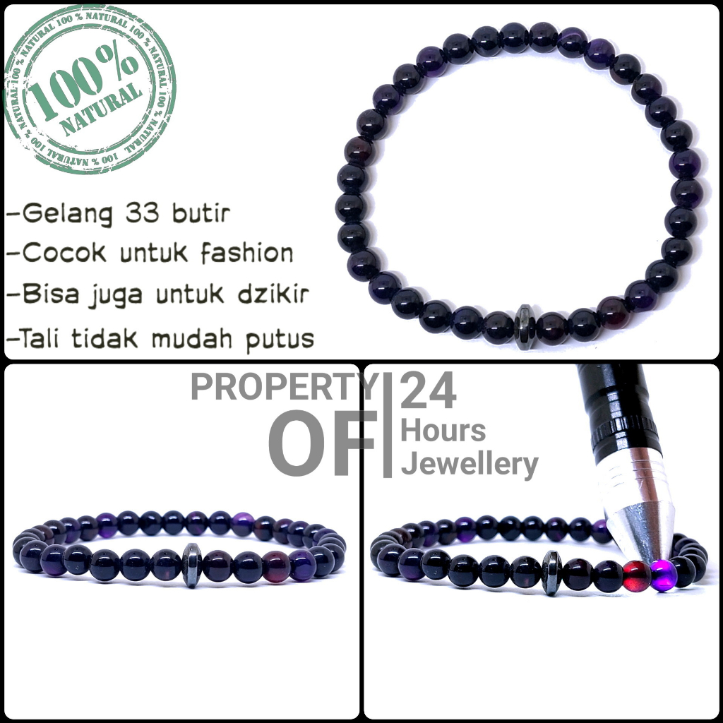 Gelang batu kecubung wulung / Gelang batu akik kecubung wulung / Gelang tasbih kecubung 33 butir / G