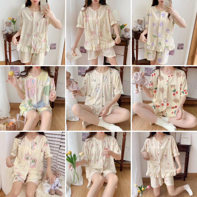 Setelan Piyama Import Lucu Ruffle Renda Model Korea PremiumBaju Tidur Wanita Import Home Daily Wear