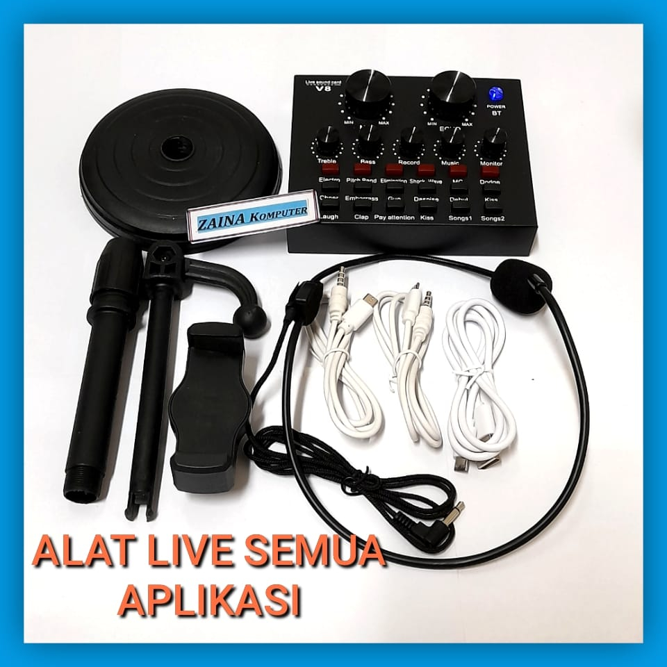 satu paket alat karoke live semua aplikasi sound card v8 mic bando dan holder hp Bluetooth Audio USB