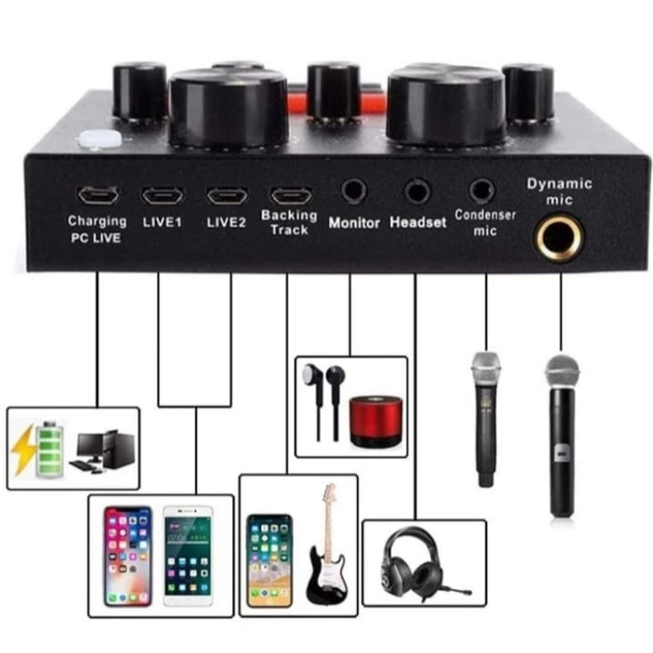 v8vdan mic bando+holder hp satu paket alat karoke live semua aplikasi sound card v8 mic bando dan holder hp Bluetooth Audio USB External Soundcard Broadcast Microphone - V8 Biasa digunakan untuk broadcast dan streaming secara live di berbagai platform