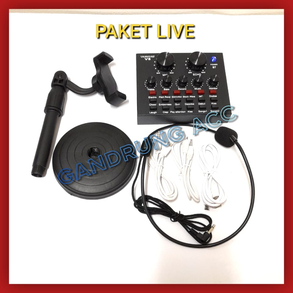 v8vdan mic bando+holder hp satu paket alat karoke live semua aplikasi sound card v8 mic bando dan holder hp Bluetooth Audio USB External Soundcard Broadcast Microphone - V8 Biasa digunakan untuk broadcast dan streaming secara live di berbagai platform