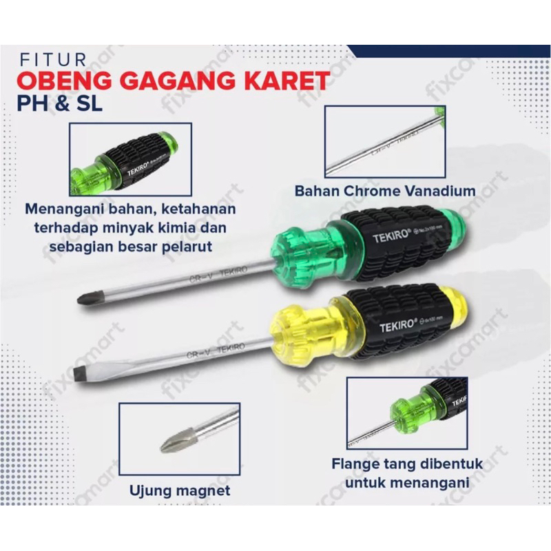 Obeng gagang karet Tekiro ph2 magnet plus minus