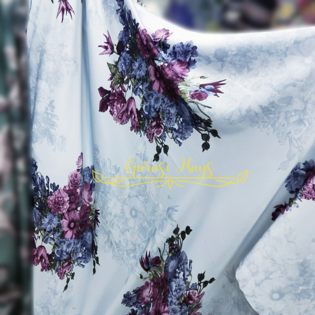 NEW Design Kain Silk Satin Sutra Blue Floral Lebar 150 cm
