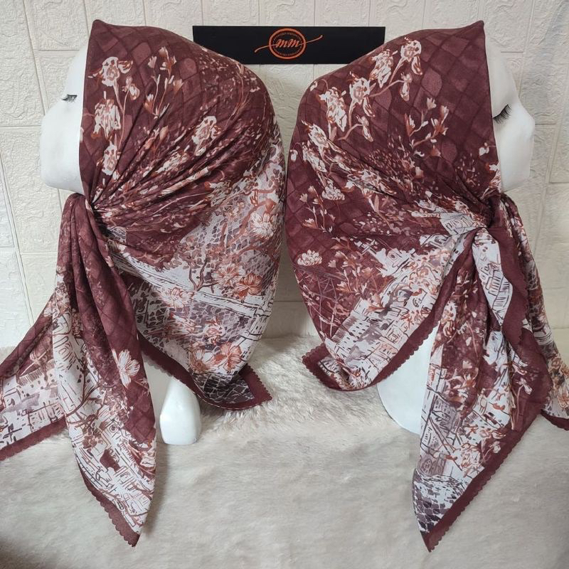 Promo Hijab Segi Empat Voal Motif Merak Warna Maroon Jilbab Kerudung Terbaru