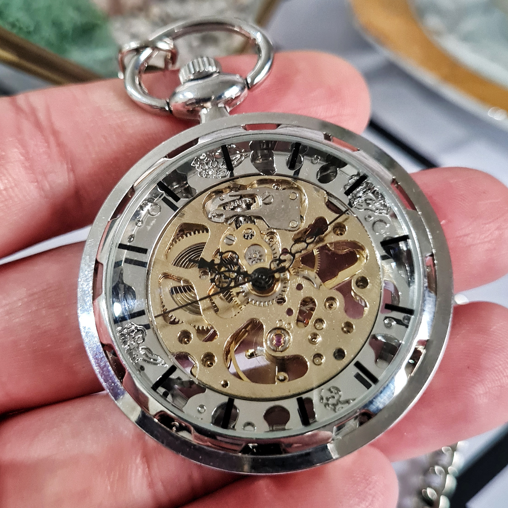 POCKET WATCH Ancient Jam Kantong Saku Silver Otomatis Mekanik Open Face Tanpa Baterai Manual Winding