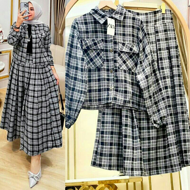 Arumi Set warna coklat merah marun coklat milo hitam setelan rok panjang wanita motif Kotak bahan Fl