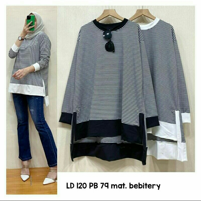 Michelle Tunik warna hitam kombinasi putih atasan tunic oversize cewek bahan Babyterry import fit to