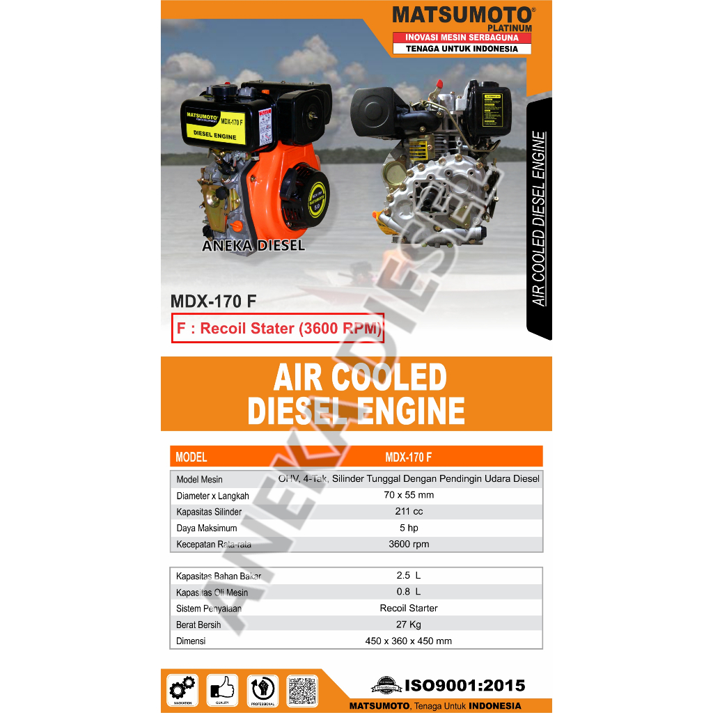 Mesin Penggerak Solar Engine Diesel 5Hp MATSUMOTO MDX 170 F Engine Diesel Water Cooled 5Hp MDX 170 F