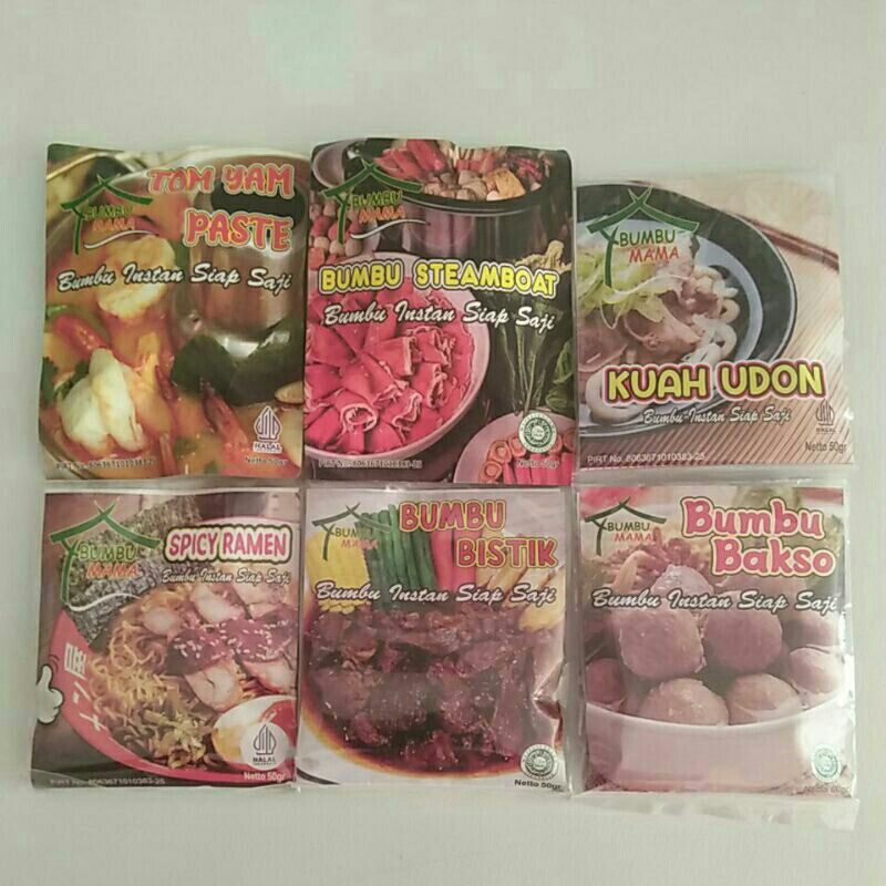 

BUMBU MAMA, TOM YAM, STEAMBOAT, SPICY RAMEN, BUMBU BISTIK, BUMBU BAKSO, KUAH UDON