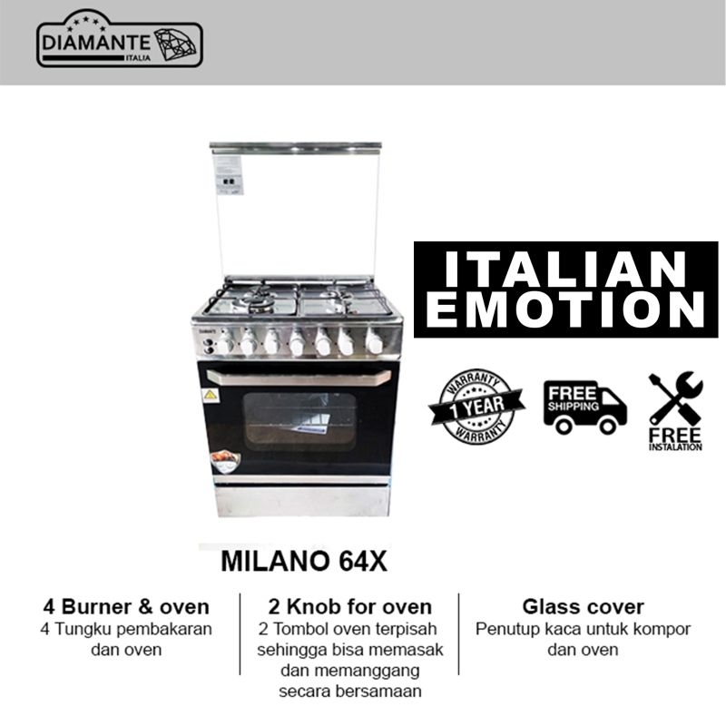 Kompor Freestanding Diamante MILANO 64X Stainless Steel 60cm