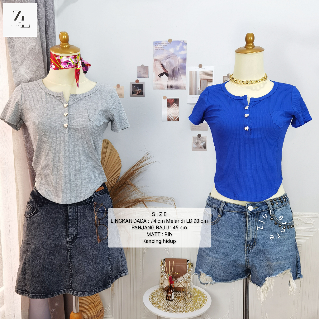 ZjuL (Cod) - IDONA Crop top oval Leher persegi / Tshirt wanita / Baju wanita kekinian / Button crop