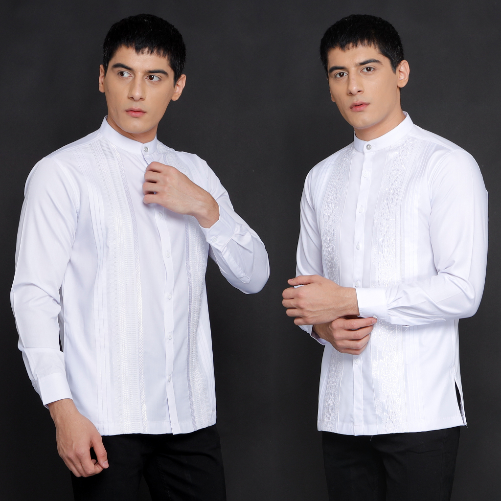 Casella Baju Koko Pria Lengan Panjang Premium Bordir Pleats Design | Baju Koko Putih Lengan Panjang